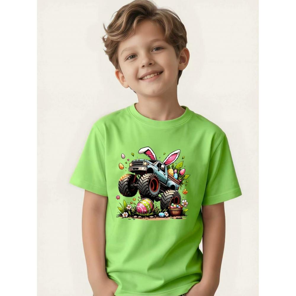 Children's T-shirt Bunny Ears Big Wheel Easter Egg Flower Print Boys Festival Short Sleeve