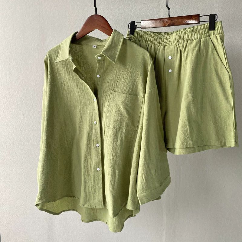 Summer Cotton and Linen Solid Color Shirt Two-piece Shorts Fashion Women's Suit
