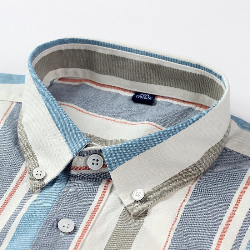 Men's Summer Striped Short-Sleeve Cotton Shirt with Turn-Down Collar
