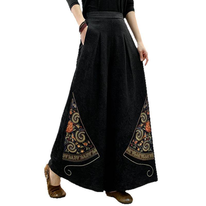 New Chinese Jacquard Ethnic Cotton-Linen Women's Skirt-Pants: Loose, Retro, Wide-Leg Trousers
