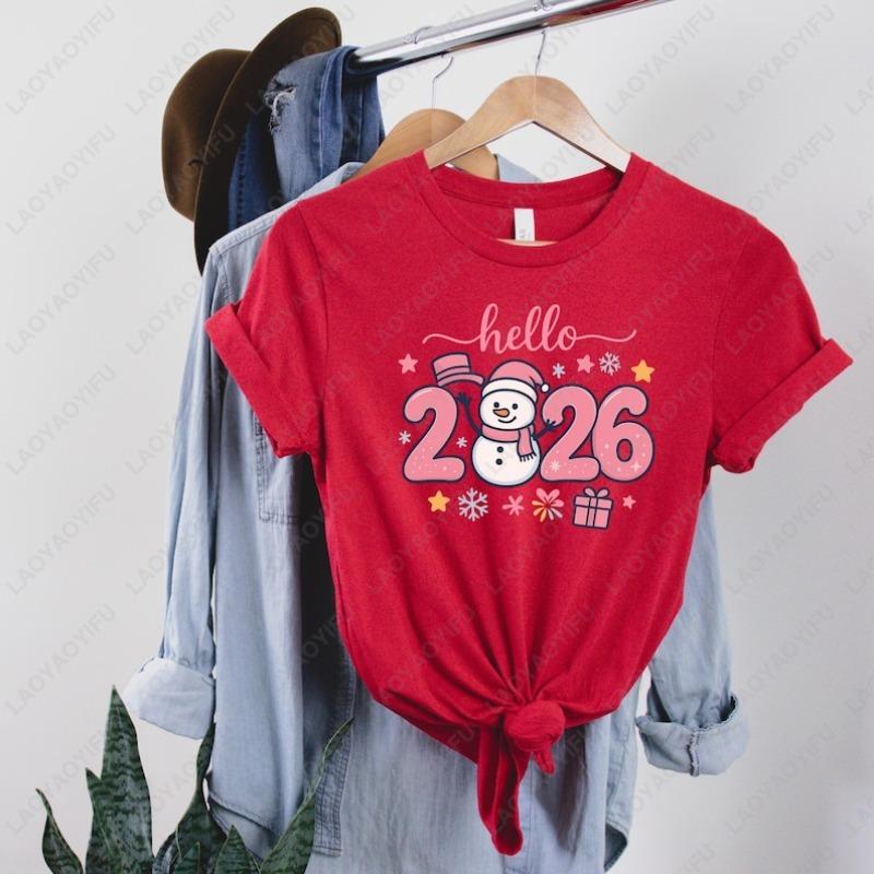 

Hello 2026 New Year Adult Cotton Tshirts Cute Snowman Graphic Tee Family Matching Outfit Festive Gift Christmas Party Woman Tops 4XL
