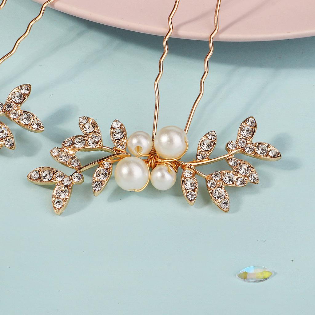 New Style Rhinestone Pearl Leaf Hairpin High-end Versatile Bridal Headwear U-shaped Hairpin Golden Hairpin for Women