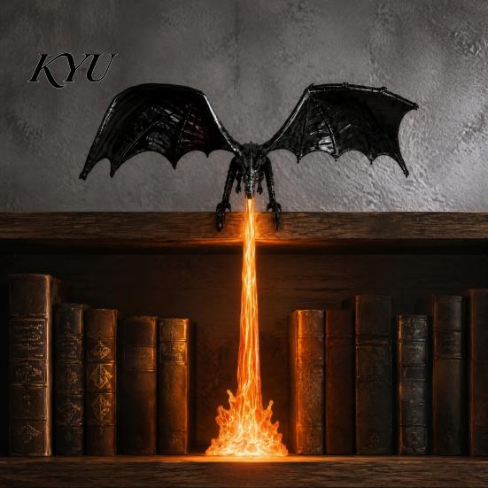 Dragon Bookshelf Decor Nook Light with LED Flame Effect, Fantasy Shelf Decor, Book Flying Display Ornament for Study Room Reading Corner Library