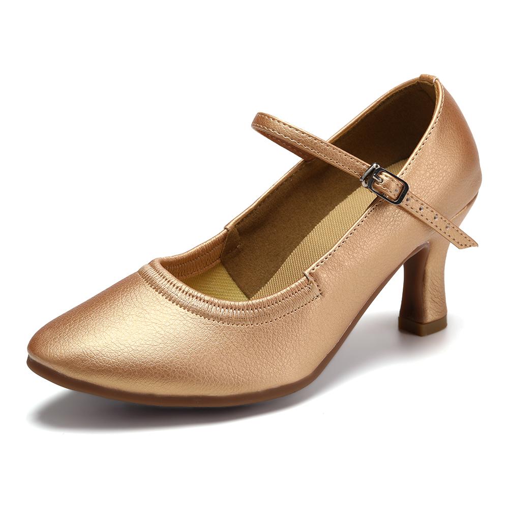 Leather Modern Dance Shoes for Women Soft Rubber Sole Party Ballroom Dancing Shoes Heel 7CM Close Toe
