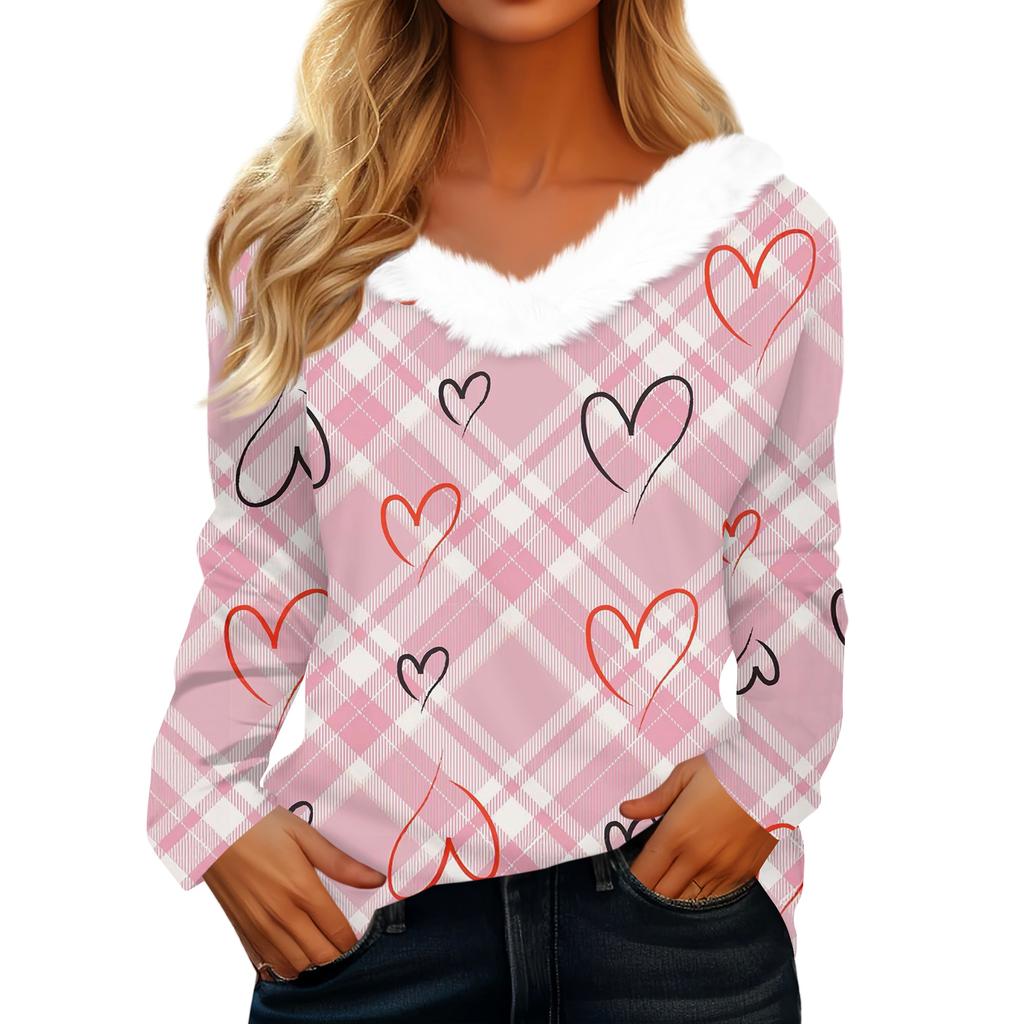 Women's Valentine's Day Printed Long-Sleeved Shirt, V-Neck, Casual Loose-Fitting T-Shirt Top