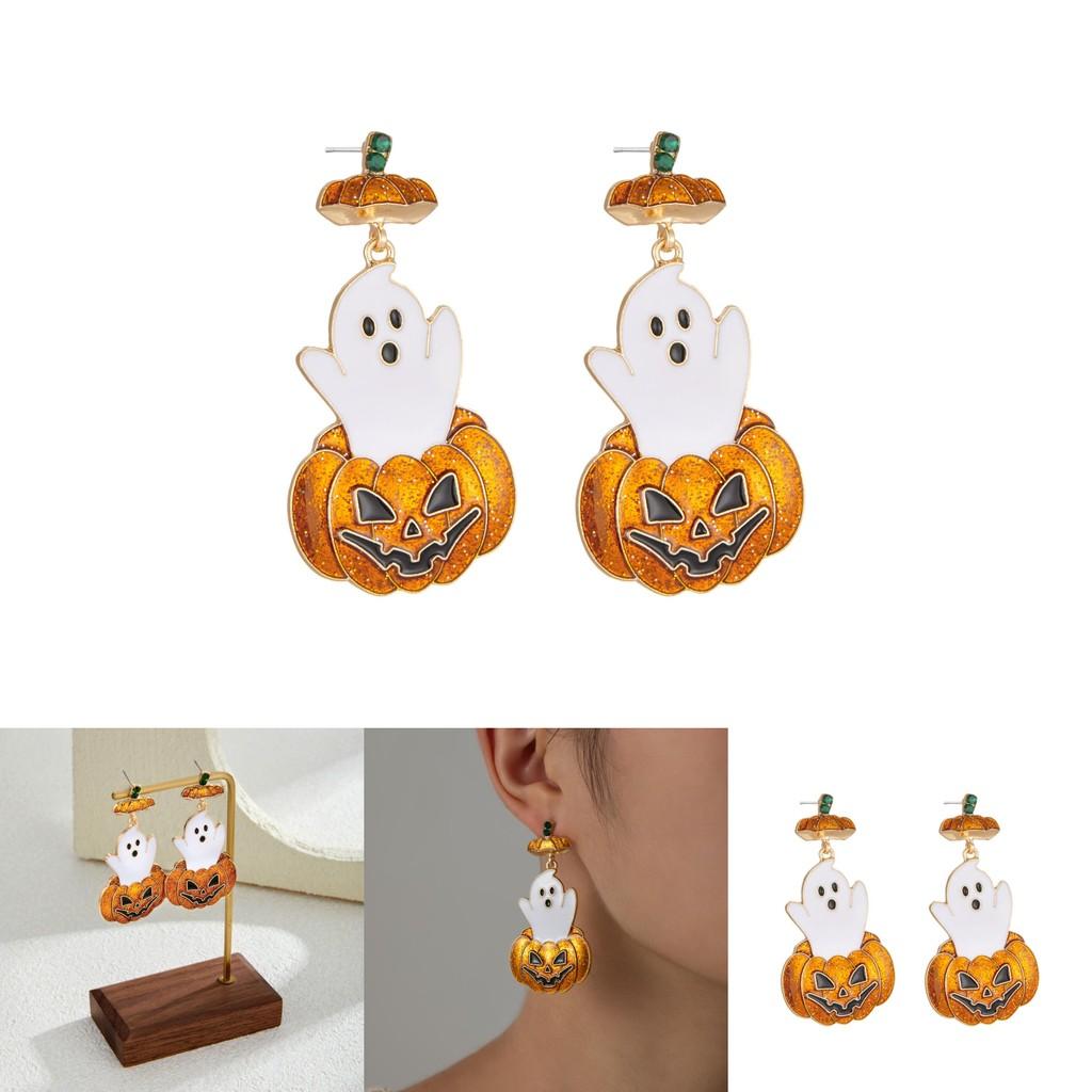 Eye-catching Retro Ghost Face Pumpkin Earrings Featuring Dazzling Rhinestone Embellishments