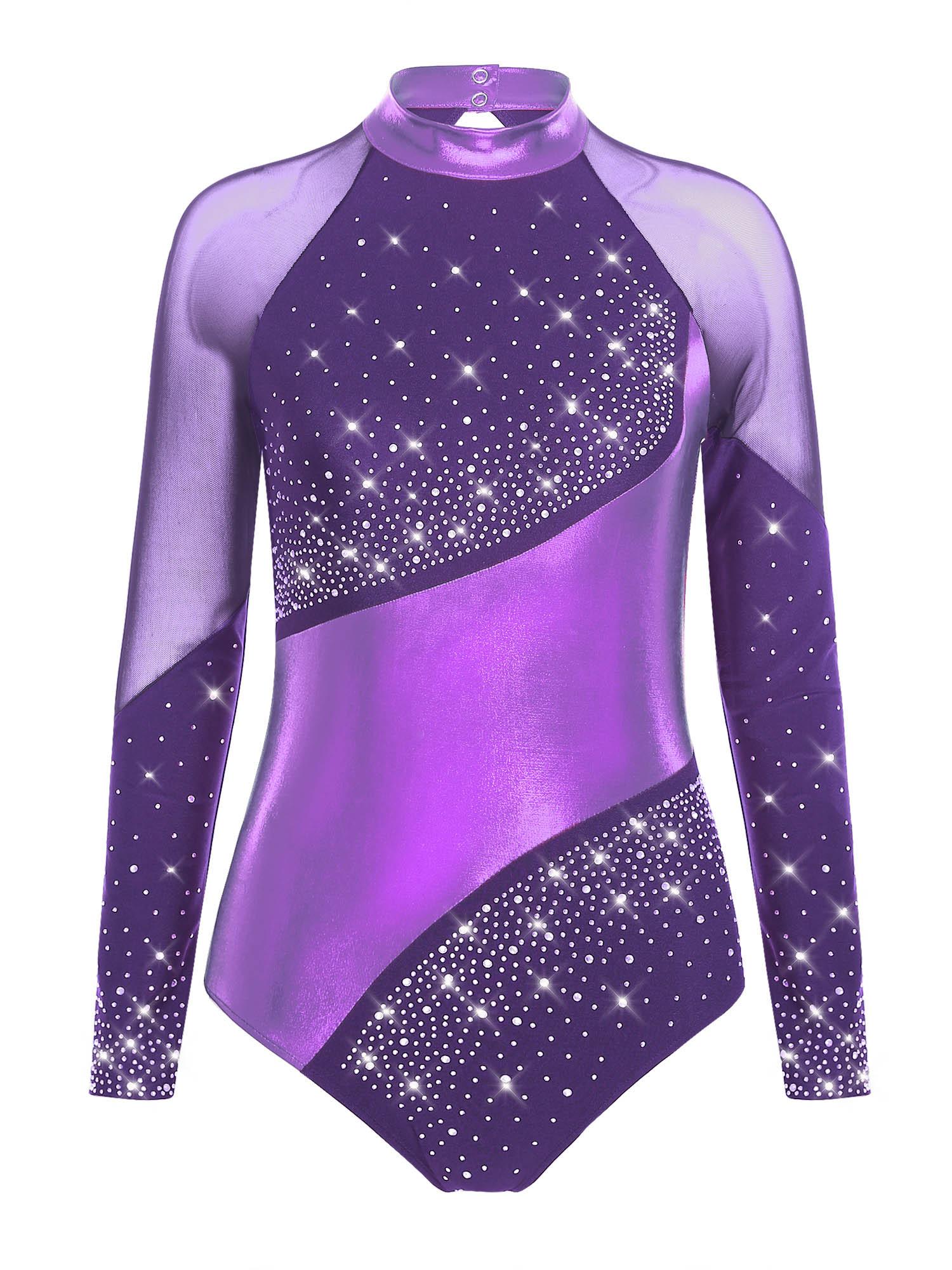 Sywiyi Dames Performance Turnpakje - Metallic Kleurblok met Keyhole Rug, Mock Neck & Lange Mouw voor Gymnastiek M paars