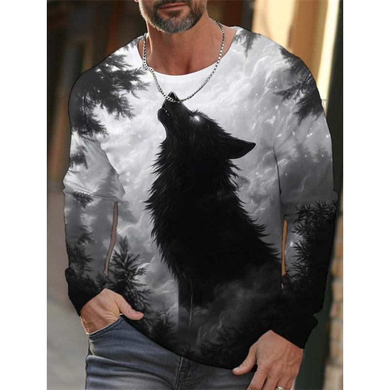 Herren Langarm T-Shirt Tiermuster Wolf 3D Druck Oberteile Tees Mode Lässig Übergroßes T-Shirt Herrenbekleidung