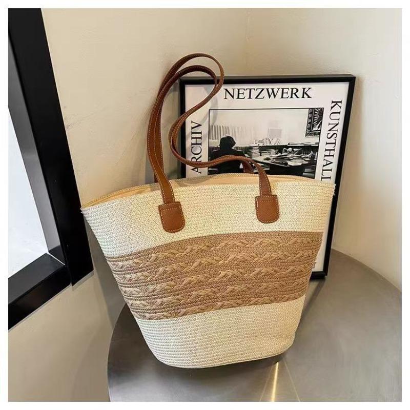 Shoulder Splicing Straw Bag Versatile Hand-woven Bag Large Capacity Tote Bag Vacation Beach Bag Vegetable Basket Women's Bag