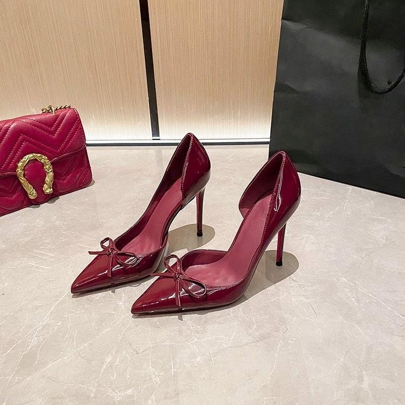 Bok pusta naga kokarda Francuskie wysokie obcasy kobiecość lakierowana skóra szpiczasty szpilka pojedyncze buty damskie