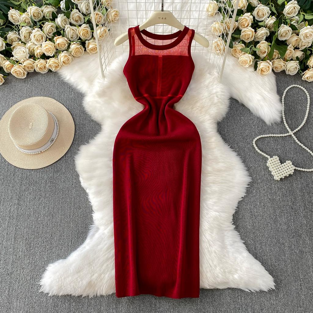 Summer Women Sleeveless Office Business Knitted Sweater Mesh Patchwork Sheath Bodycon Midi Dresses