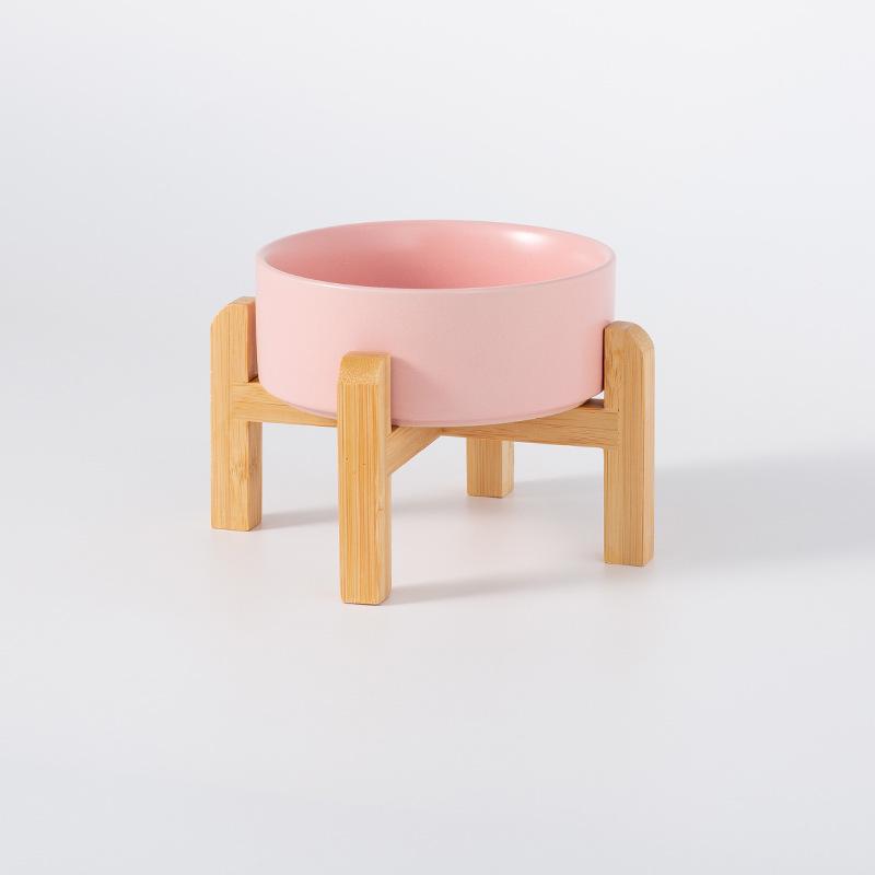 Ceramic Pet Food Bowl with Elevated Bamboo Stand - Anti-Tip Design for Dogs and Cats, Protects Cervical Spine