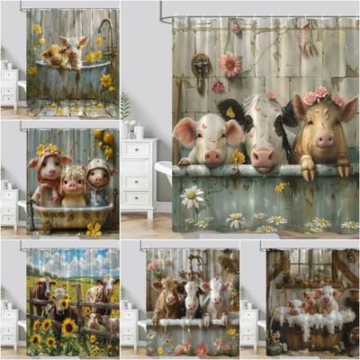 Rideau de douche en polyester lavable avec animaux de la ferme, cochon, mouton, âne, dessin animé, rustique, grange