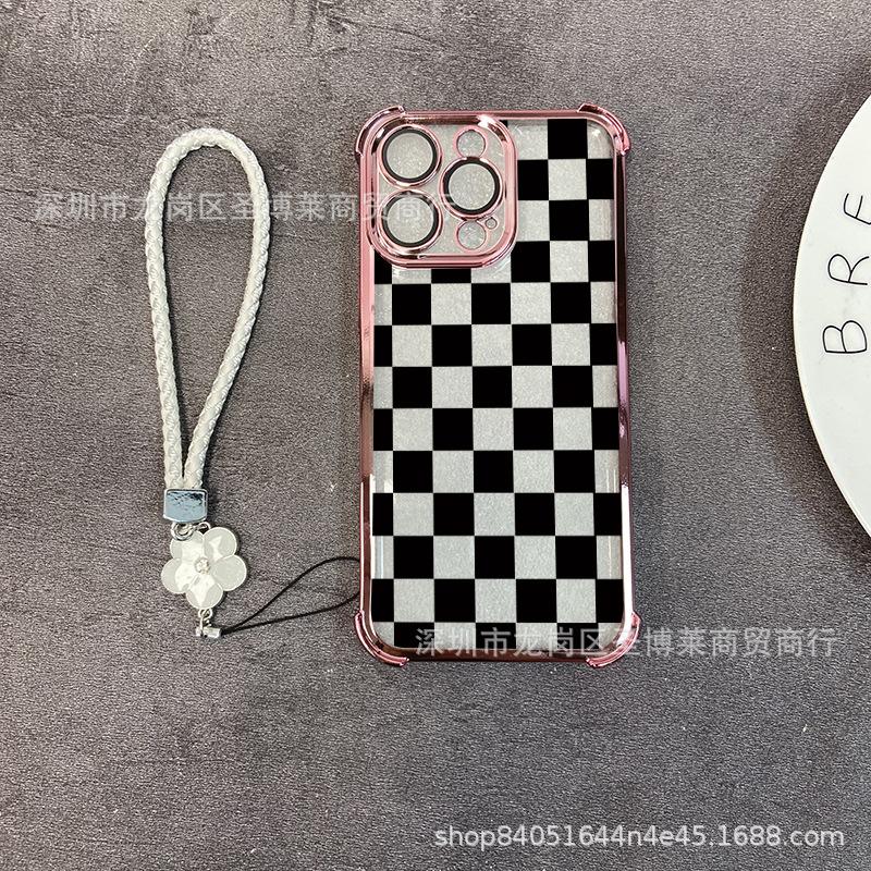 Black plaid applies to iPhone17 mobile phone case, four corners anti-drop airbag 16promax portable rope 15 protective case.