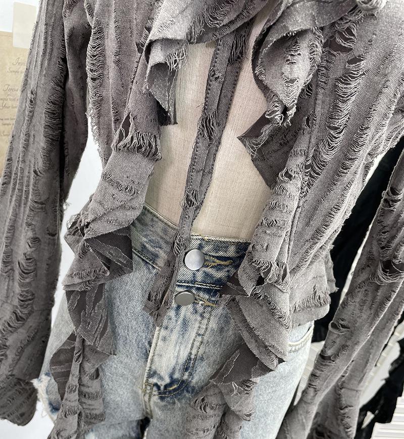 Post-Apocalyptic Style Ruffled Tie-Up Ripped Cardigan, Long-Sleeve Outer Layer