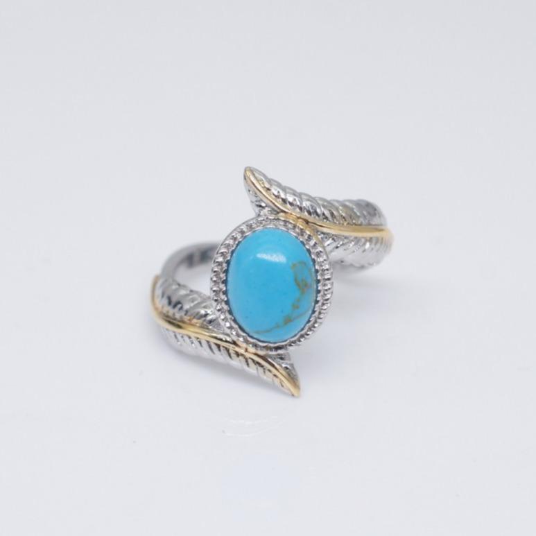 Huajie Wish Turquoise Feather Ring: European & American Two-Tone Engagement Party Jewelry