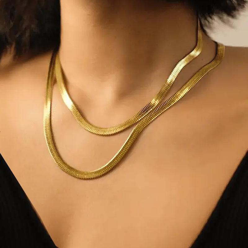 Double-layer Snake Bone Chain Fashionable and Popular Simple Design 18K Gold-plated Titanium Steel Necklace Temperament Versatile Necklace