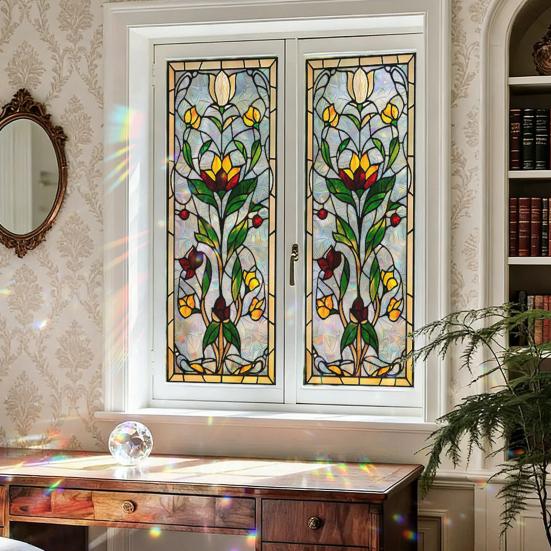 Vintage Window Privacy Film Geometric Stained Glass Flower Decorative Frosted Static Cling Reusable UV Sun Blocking Glass Sticker