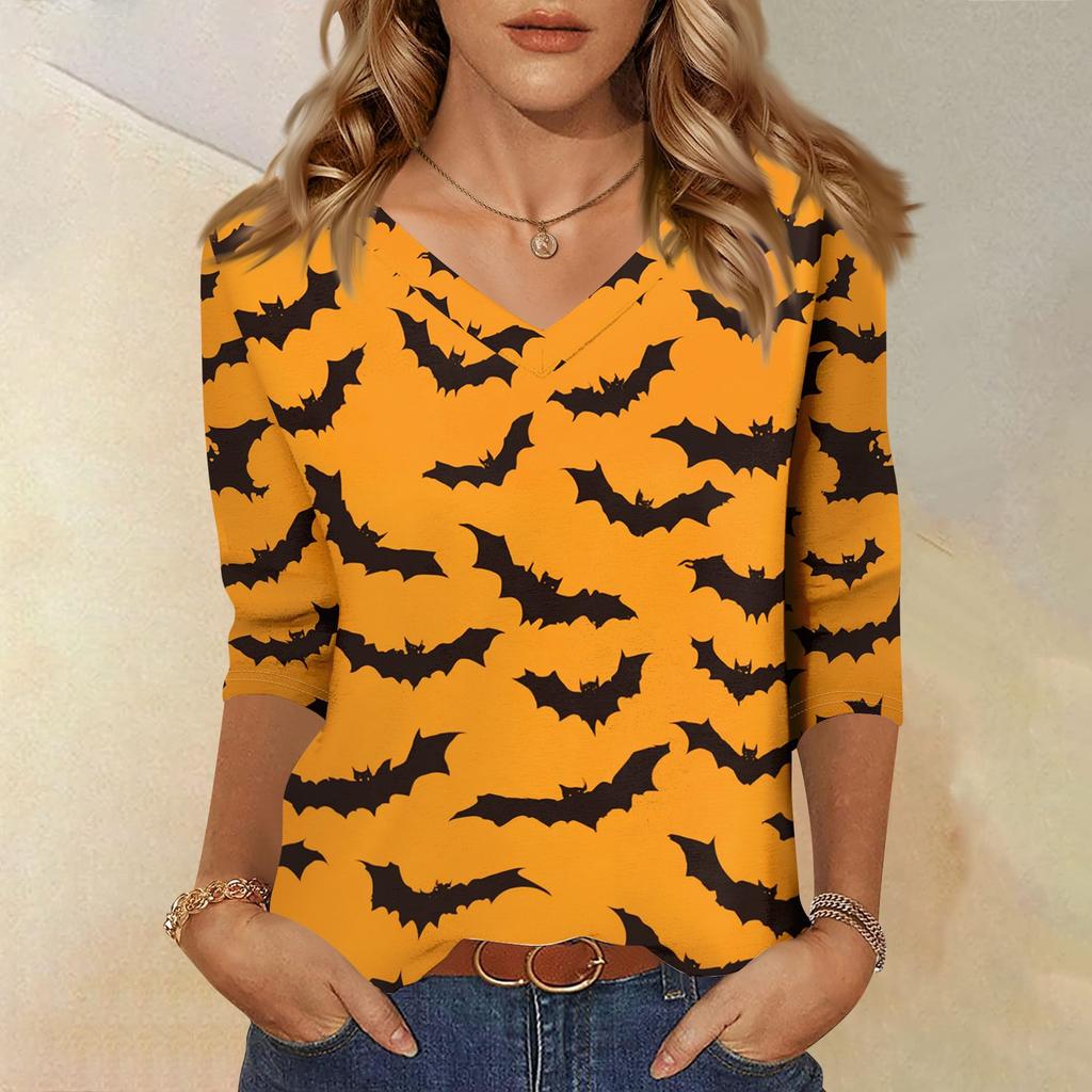 Women's Casual Halloween Print V Neck Top 3/4 Sleeve Lightweight Blouse for Fall Seasonal Wear Comfortable Fit