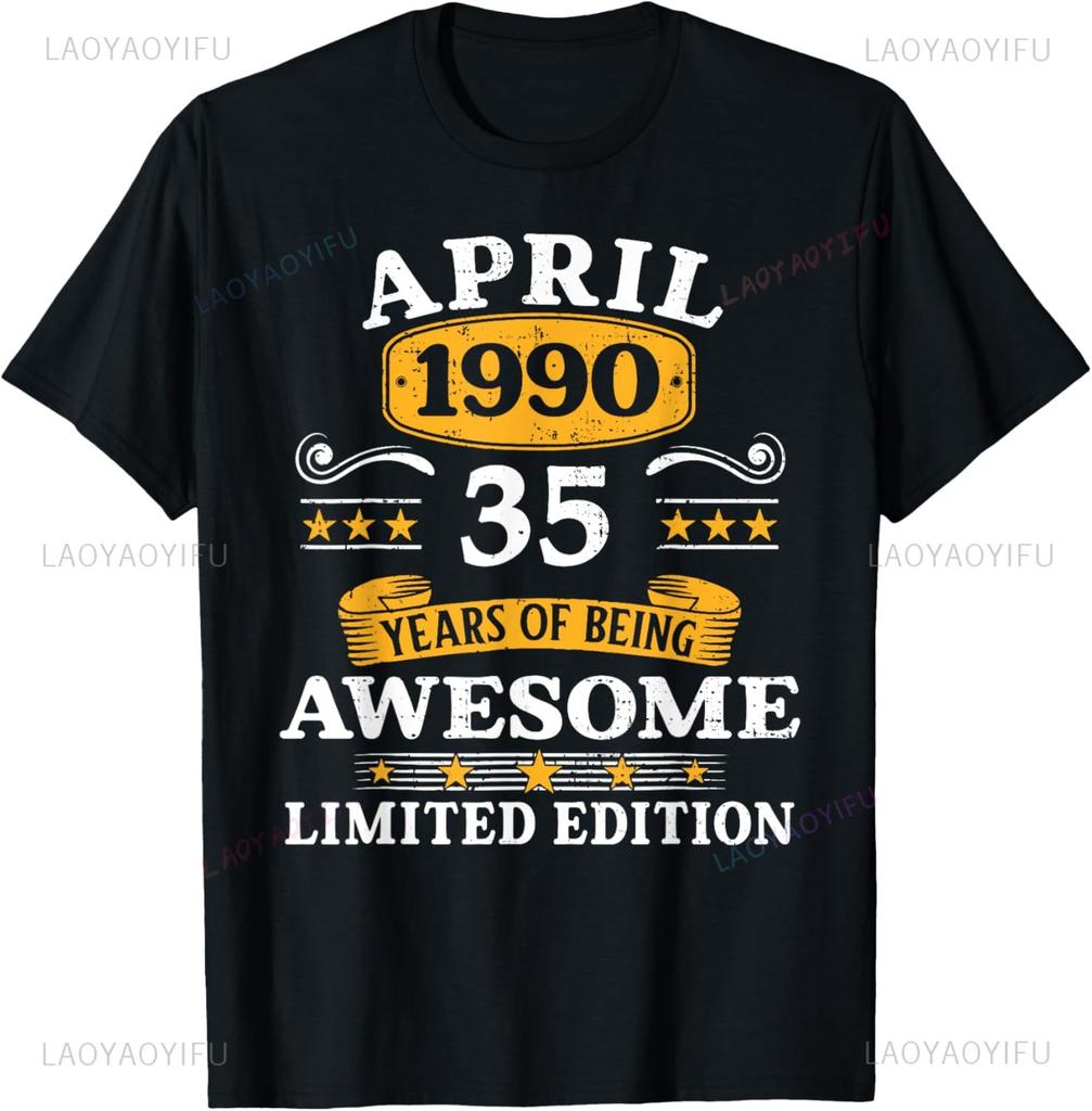 Vintage 35th Birthday Decorations Men Funny 1990 35 Birthday Custom Printed Graphic T Shirts Short Sleeve Camiseta Hombre