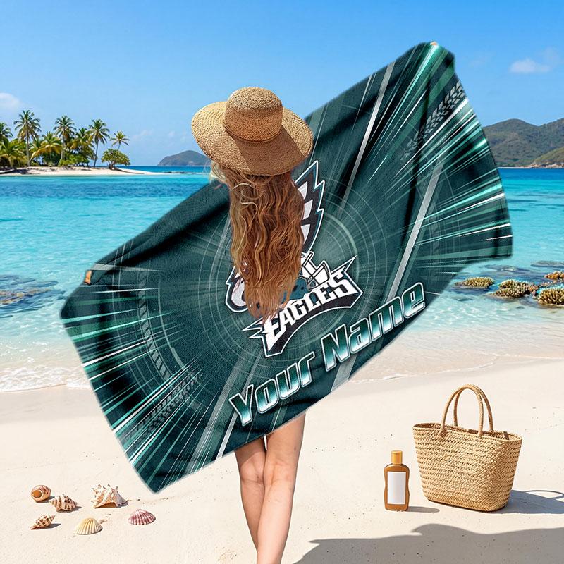Philadelphia Eagles Customized Name Text Beach Towel, Soft Absorbent Towel Beach Pool Travel Personal Gift