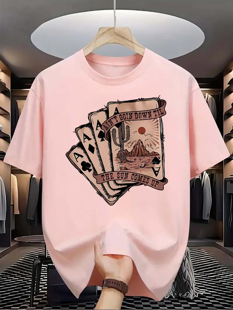 Men'S Casual Crew Neck T-Shirt with Playing Card Graphic,  Knit Fabric, Slight Stretch, Regular Fit, Summer Top for Daily Wear