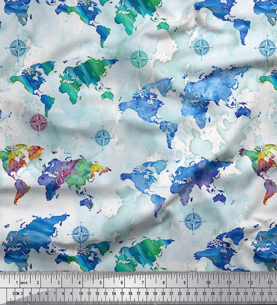 Soimoi White Japan Crepe Satin Fabric Direction Compass & World Map Print Fabric by the Metre 42 Inch