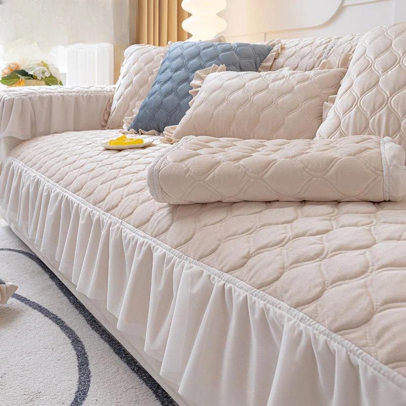 Lace Plush Sofa Cushion Winter Style Thickened Anti Slip Universal Cover Cloth Minimalist Modern Leather Backrest Towel Cover