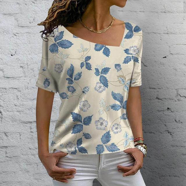 V-neck Fashion T Shirt Summer Flower Printing Short Sleeve Women's Casual Basic T-Shirt Ladies Vintage Elegance Tops