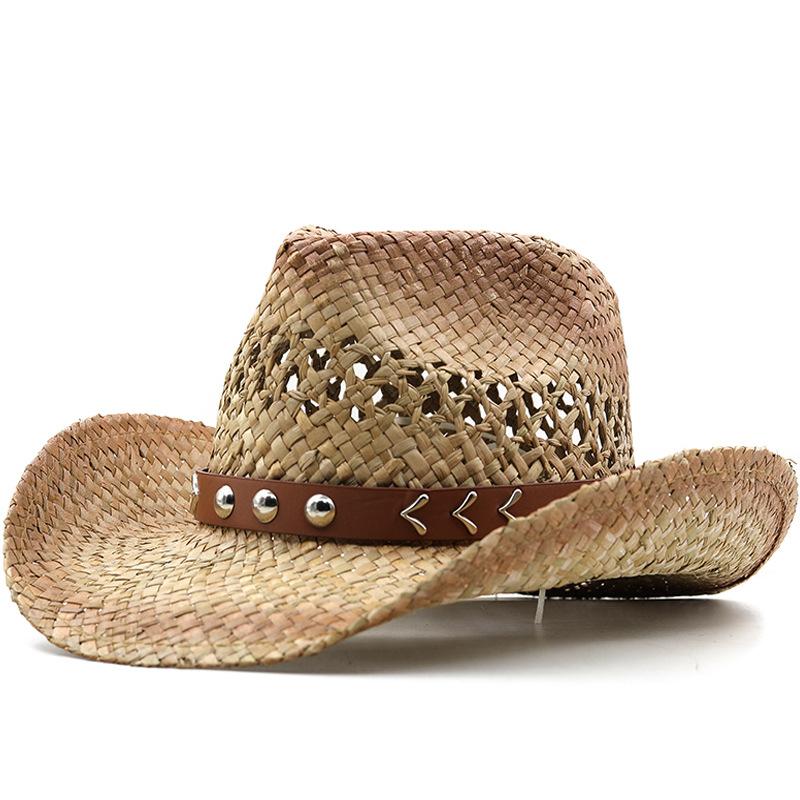 Pălărie de cowboy occidental din paie cu boruri largi protecție solară de vară respirabilă retro curea reglabilă exterior casual unisex boho