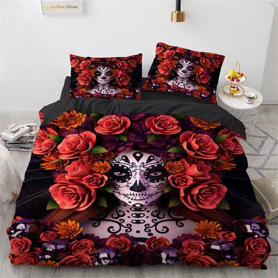 Totenkopf Bettbezug Queen Size Mikrofaser Vintage Zuckerschädel Mädchen Tag der Toten Braut mit Dunkelfarbigen Rosen Grafik Bettwäscheset