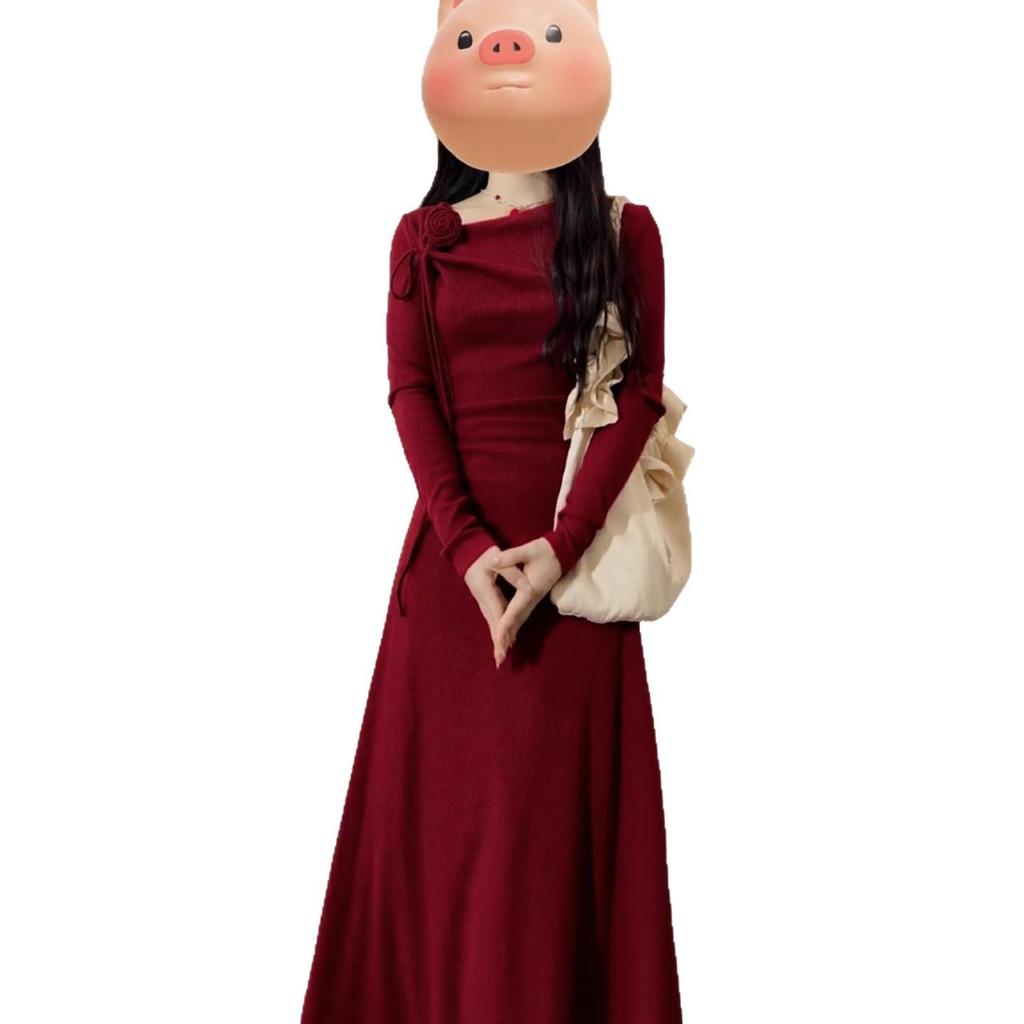 Elegant Red Waist-Cinching Dress for Women – Perfect for Spring and Autumn, Versatile as Inner or Outer Wear, Featuring a New Mid-Length Skirt Design