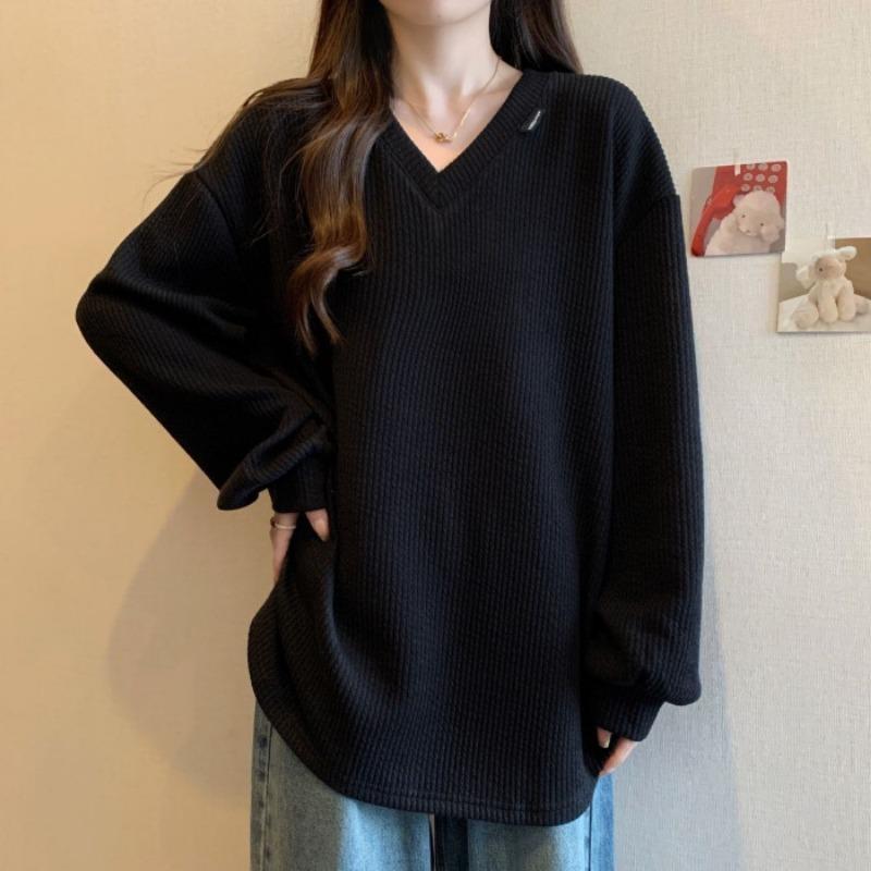 Spring Autumn V-neck Solid Color Long Sleeve T-shirt Women Loose Casual Simple All-match Pullover Tee Top