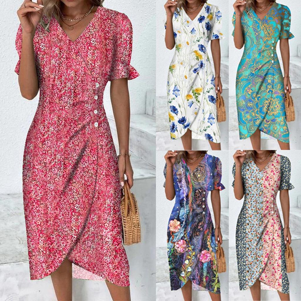 Dámské letní ležérní šaty s výstřihem do V Boho Ditsy s květinovým vzorem se zavinovacím lemem