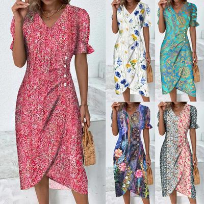 Women's V Neck Puff Sleeve Midi Dress with Asymmetrical Hem Floral Print Panel Design Lightweight Casual Summer Dress