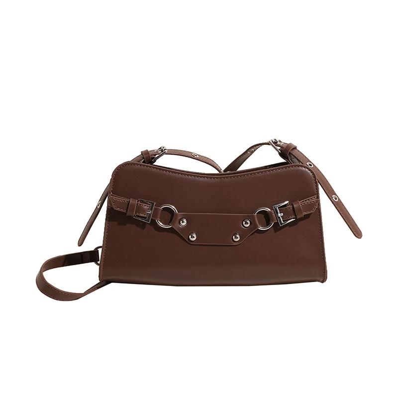 

Сумка с заклепками и пряжкой для женщин, однотонная сумка через плечо из ПУ, сумка через плечо на молнии, модные сумки