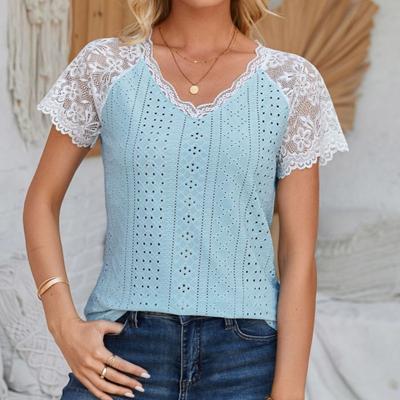 Camiseta casual suelta de encaje con empalme y escote en V para mujer Primavera Verano