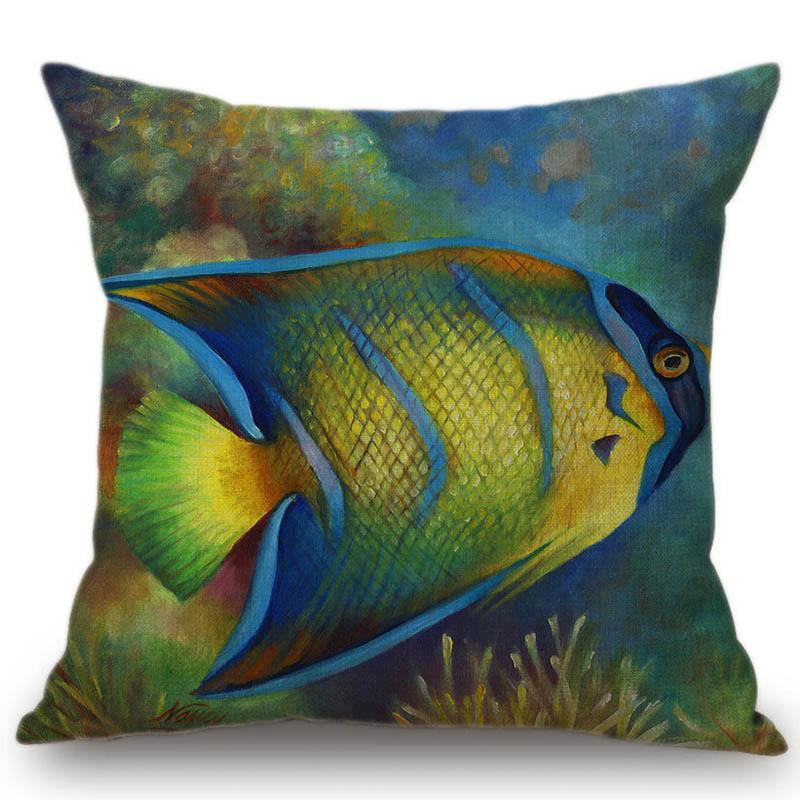 Summer Home Decoration Oil Painting Tropical Ocean Fish Sofa Throw Pillow Cover Nemo Fish Cotton Linen Cushion Cover Cases