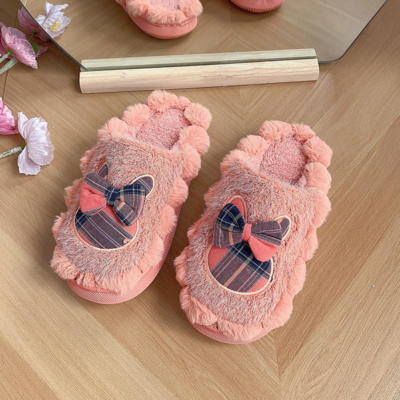 2025 new autumn and winter plush bow cotton slippers women's plush thickened non-slip warm can be worn outside women's cotton mop
