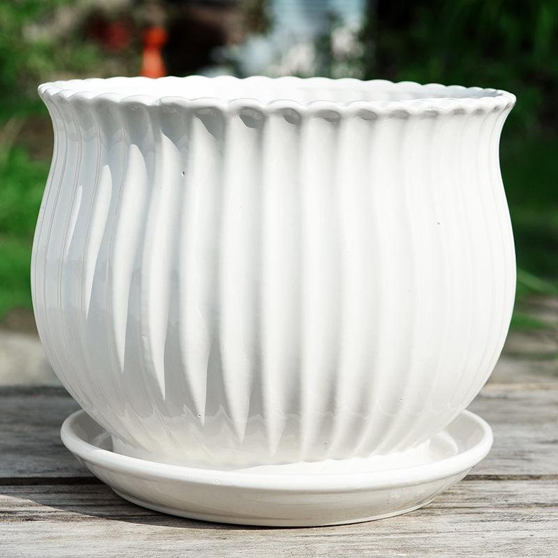 Nordic White Ceramic Flower Pot with Tray - Large & Extra Large for Pothos & Succulents