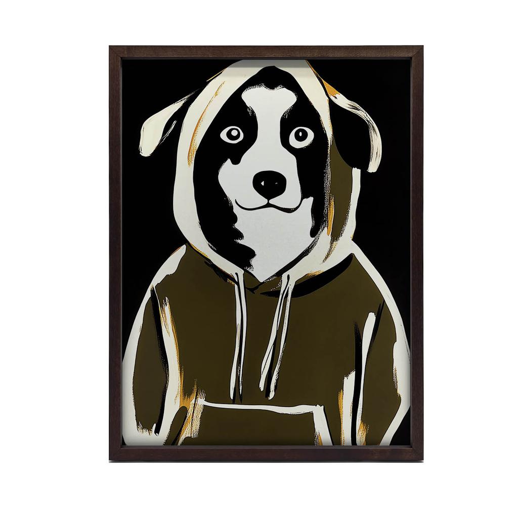 Poster Cute Dog In a Sweatshirt Poster Cute Dog In a Sweatshirt, 30X40 Cm, Dark Brown Wooden Frame, 230 Gsm Matte Paper