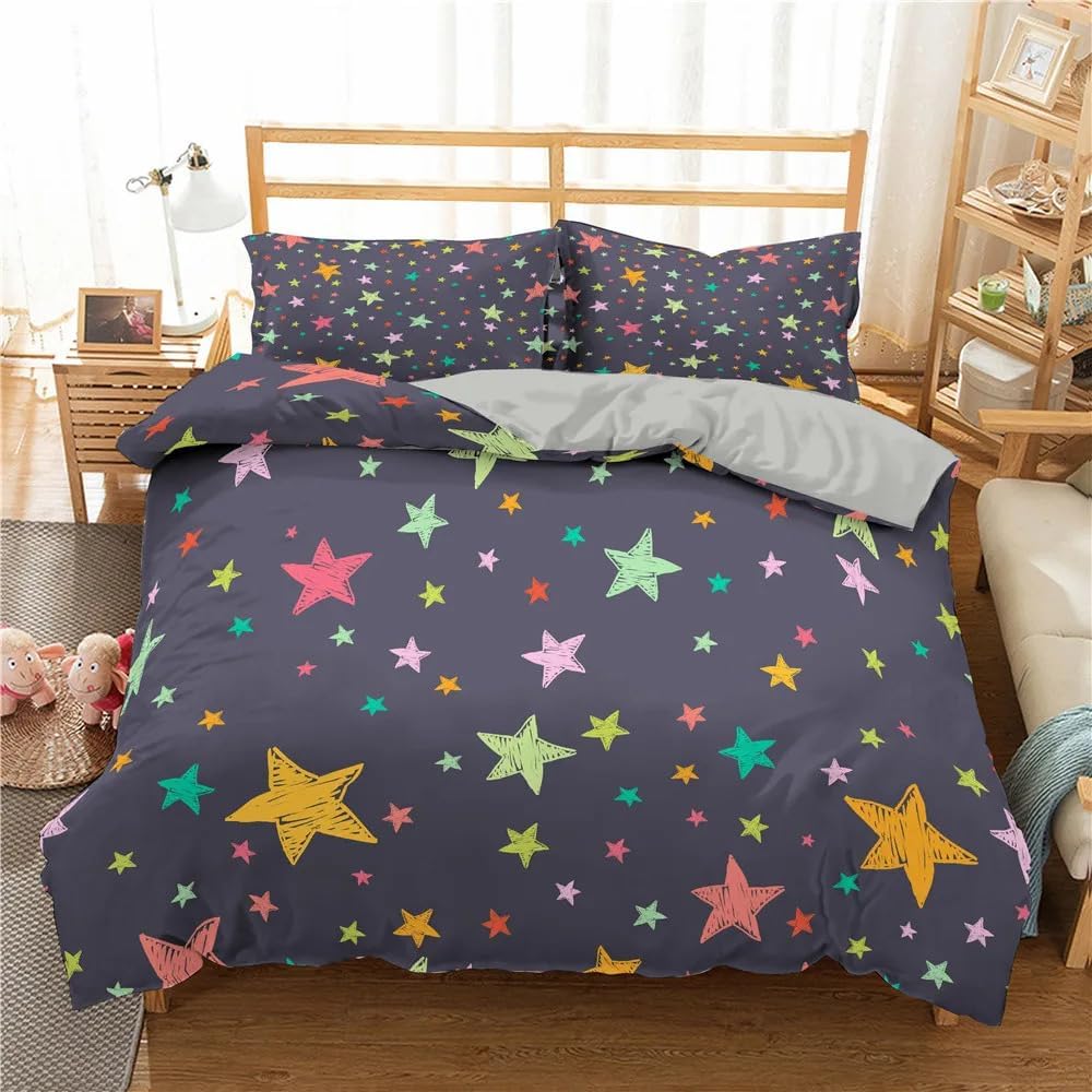 Kawaii Glitter Stars Duvet Cover Twin Queen Psychedelic Space Cosmos Starry Sky Comforter Cover Colorful Star Galaxy Bedding Set