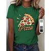 A Retro Pizza Graphic Tee, Short-Sleeved Crew Neck Casual Shirt Perfect for Spring and Summer, Designed for Women.
