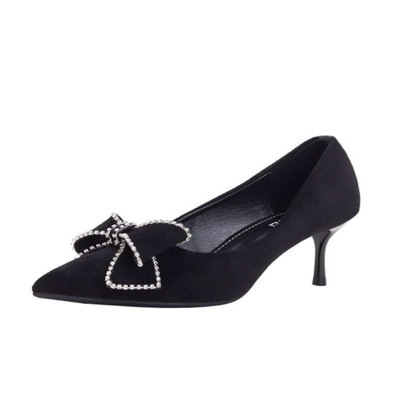 Stiletto High Heels Women's Spring New Rhinestone Bow Pointed Single Shoes Black Soft-soled Leather Shoes