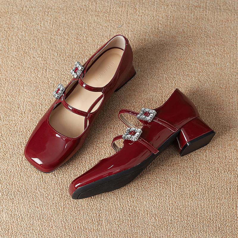 Patent Leather Women High Heel Shoes Retro Thick Heel Female Pumps 2024 Brand Shoes Female Buckle Strap  Solid Classics Pumps
