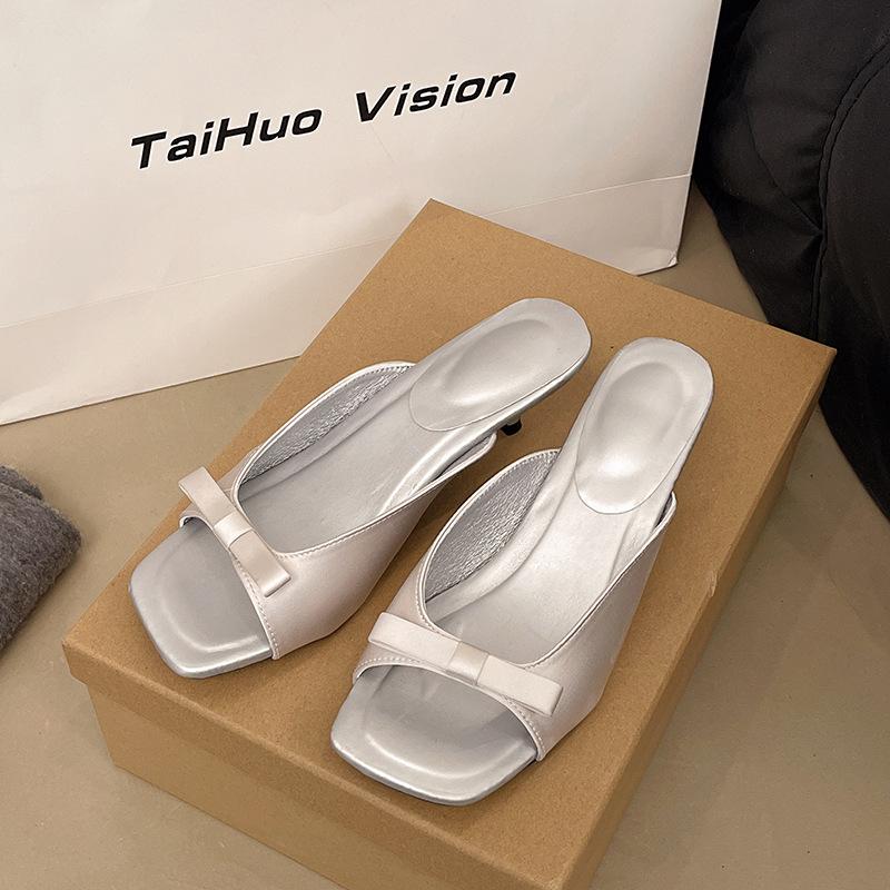 

French square head silver wedge slippers women s 2025 summer new school satin bow flat bottom one-word slippers 40