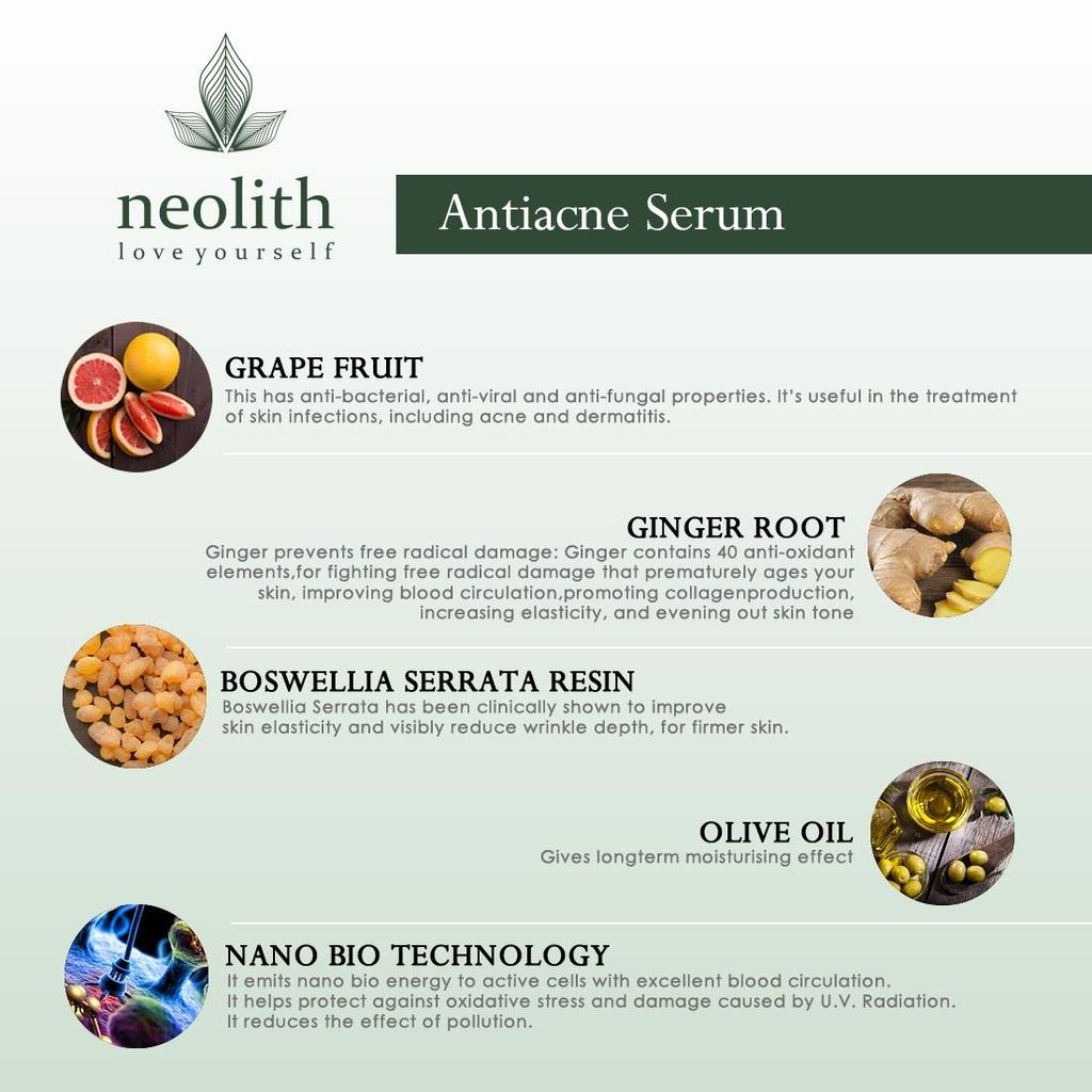 Neolith Anti-Akne-Serum – mit Ingwerwurzelextrakt, Traubenfruchtextrakt, Harzextrakt || 94 % biologisch || Ohne Parabene, Silikon und Mineralöl – 30 ml