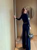 Luxurious Dark Blue Knit Cardigan & Wide-Leg Pants Set for Fall/Winter - Elegant & Slimming Two-Piece Fashion Ensemble