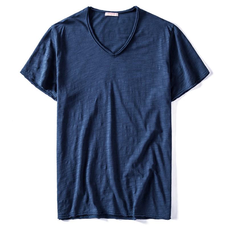 2025 New Summer V-neck T-shirt Men 100% Combed Cotton Solid Short Sleeve T Shirt Men Fitness Undershirt Male Tops Tees