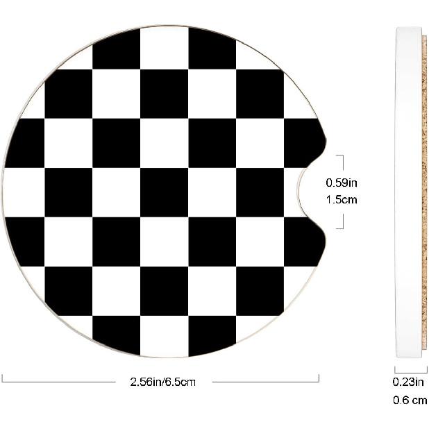 Black Checkerboard Ceramic Car Coasters – Absorbent Car Cup Holder Coaster Set for Women & Men, Cool Aesthetic Car Accessories, 2 Pack